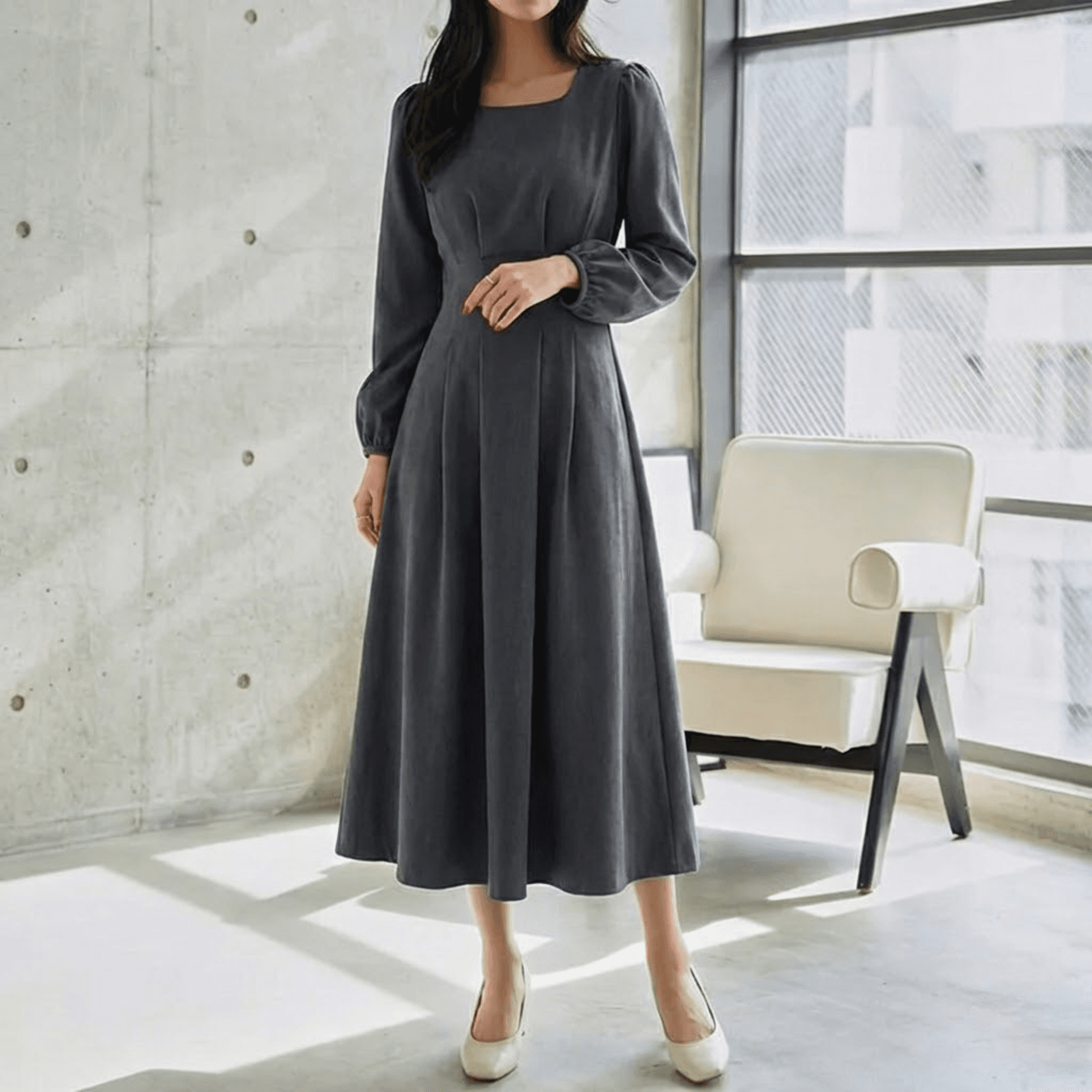 骨格ウェーブ服ウエストタックロングワンピース
