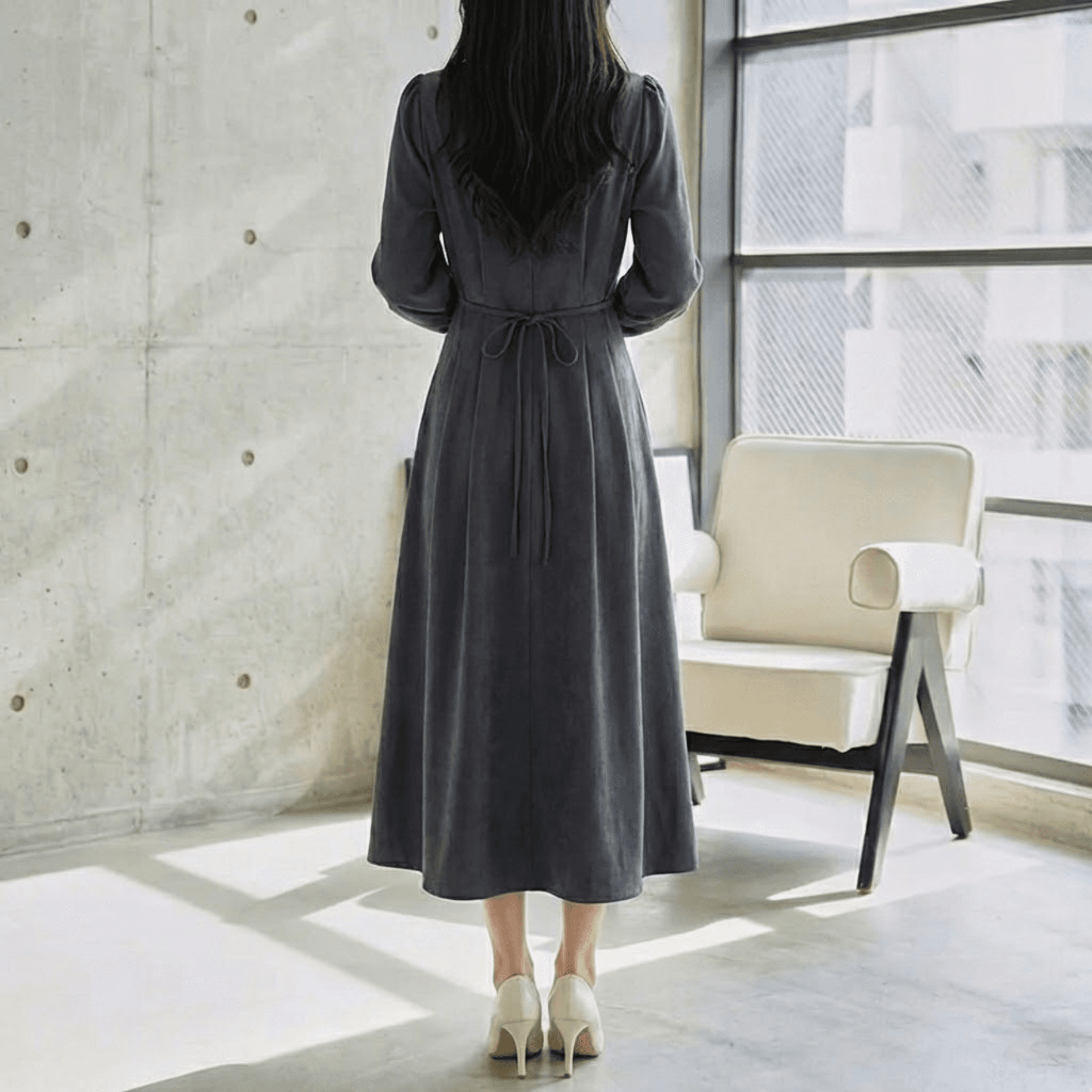 骨格ウェーブ服ウエストタックロングワンピース