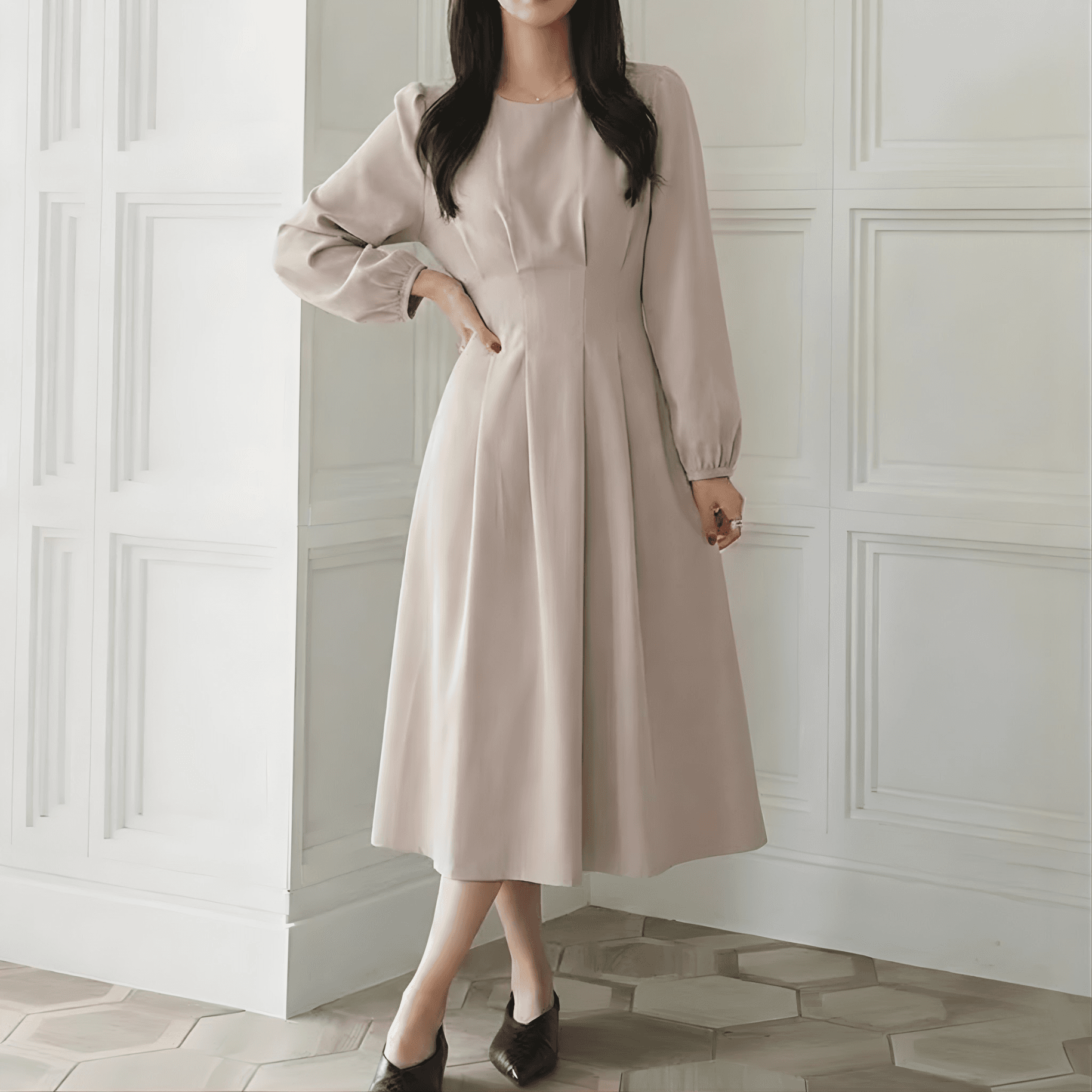 骨格ウェーブ服ウエストタックロングワンピース