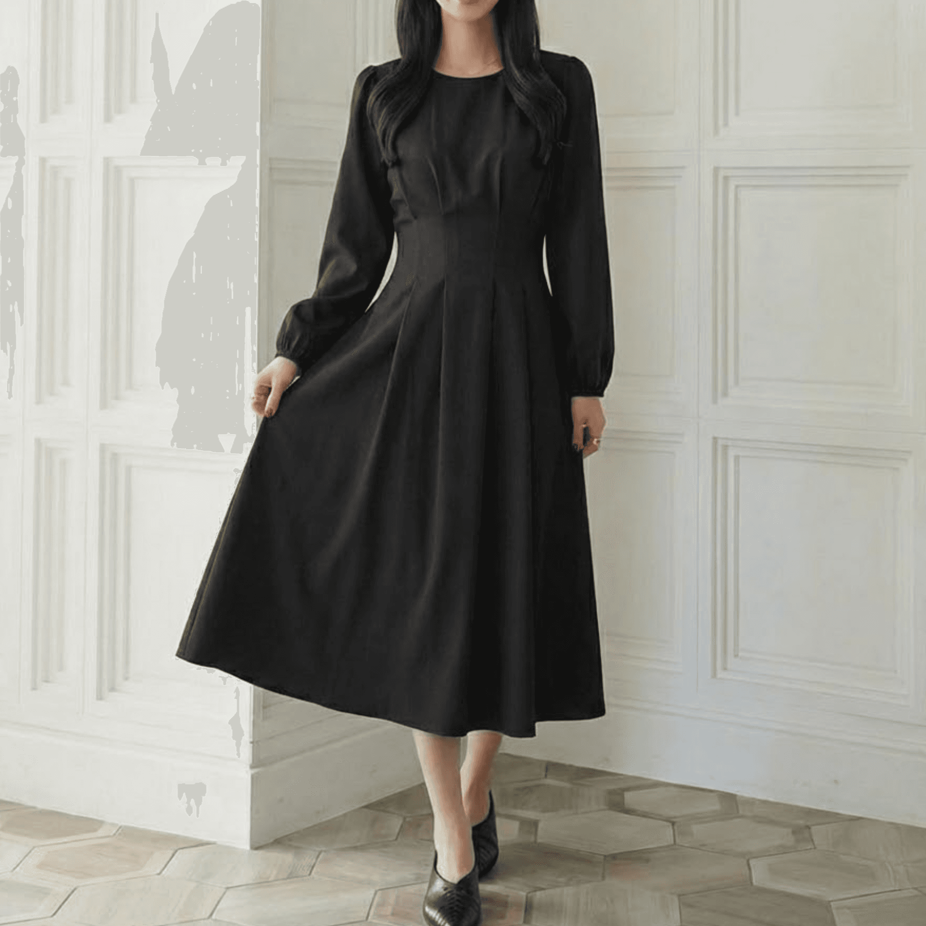骨格ウェーブ服ウエストタックロングワンピース