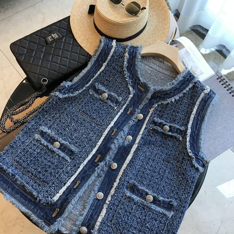 骨格ウェーブデニムツイードノーカラーベスト