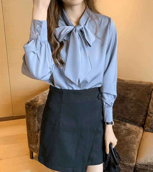 骨格ウェーブ服 カラーボウタイトップス