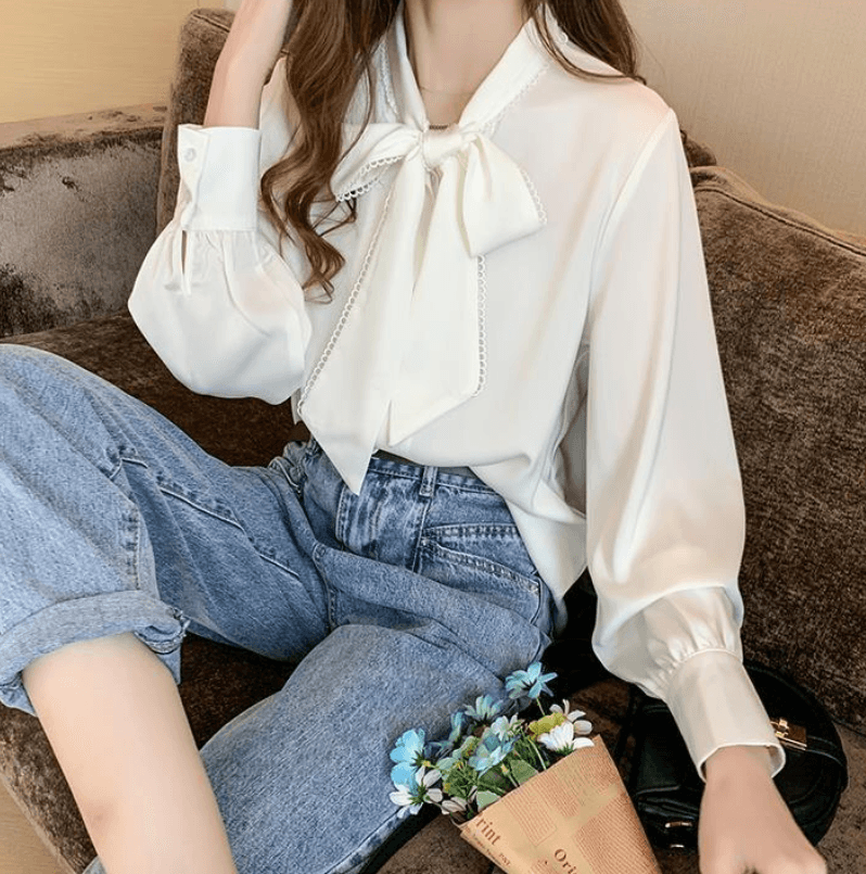 骨格ウェーブ服 カラーボウタイトップス