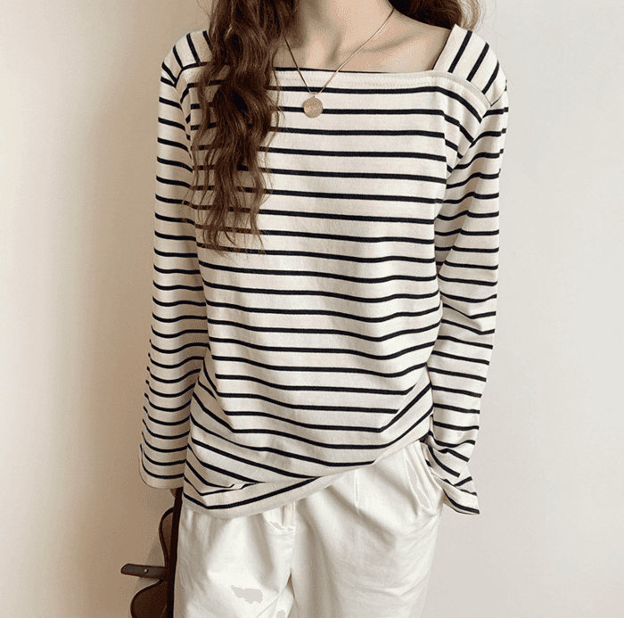 骨格ウェーブ服スクエアネックボーダーTシャツトップス