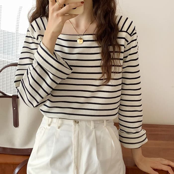 骨格ウェーブ服スクエアネックボーダーTシャツトップス