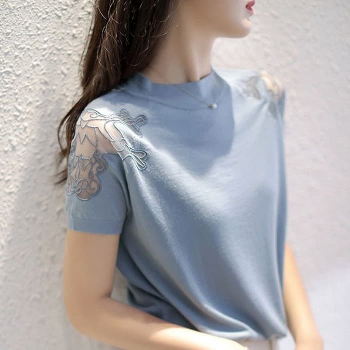 骨格ウェーブショルダーレースTシャツトップス