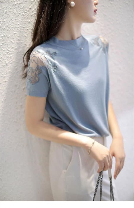 骨格ウェーブショルダーレースTシャツトップス