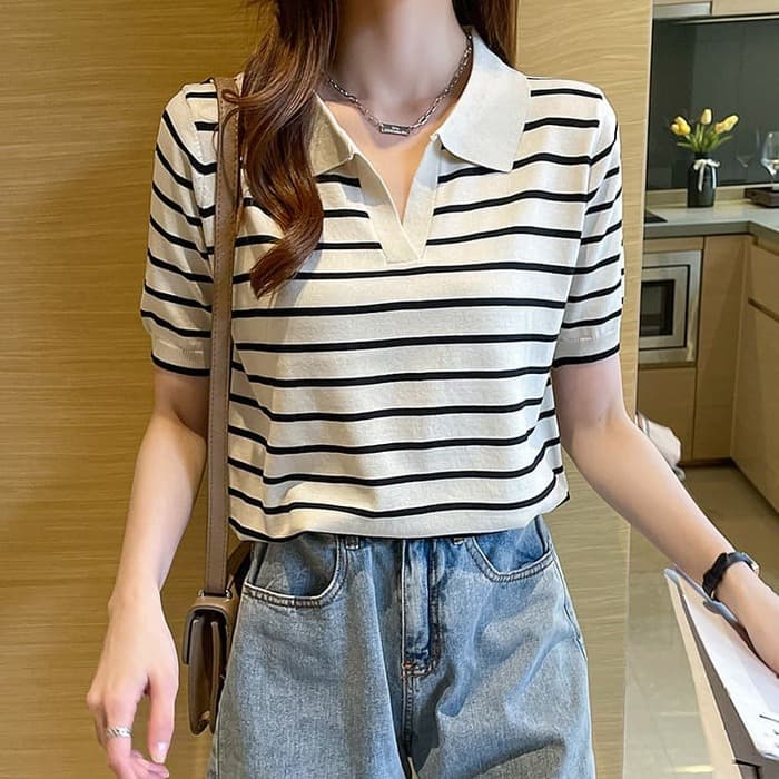 骨格ウェーブキーネックボーダーTシャツトップス