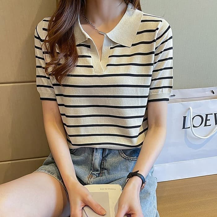骨格ウェーブキーネックボーダーTシャツトップス