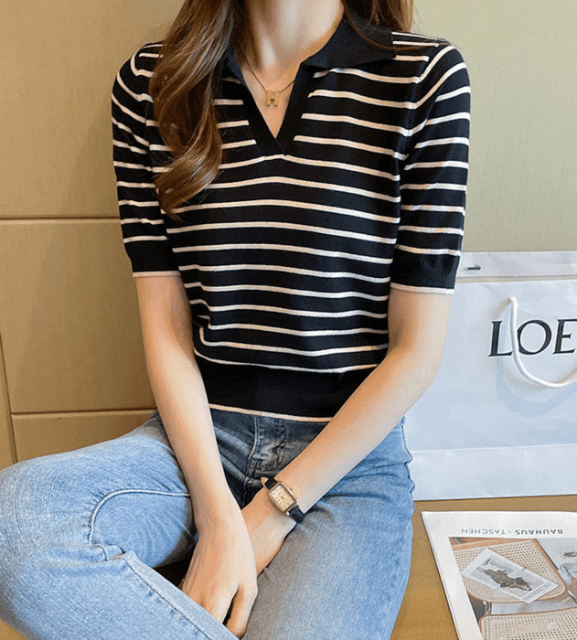骨格ウェーブキーネックボーダーTシャツトップス