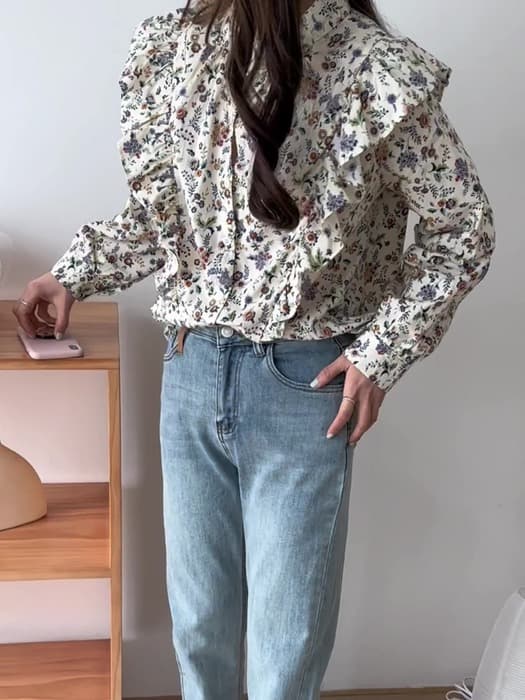 骨格ウェーブ服花柄ブラウストップス