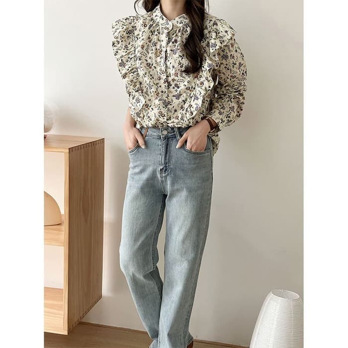 骨格ウェーブ服花柄ブラウストップス