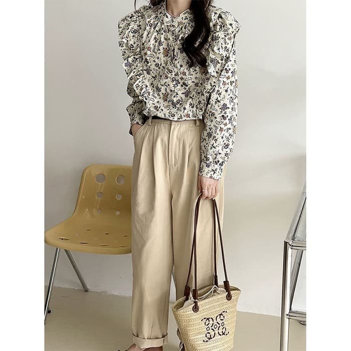 骨格ウェーブ服花柄ブラウストップス