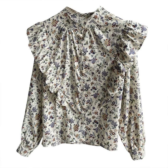 骨格ウェーブ服花柄ブラウストップス