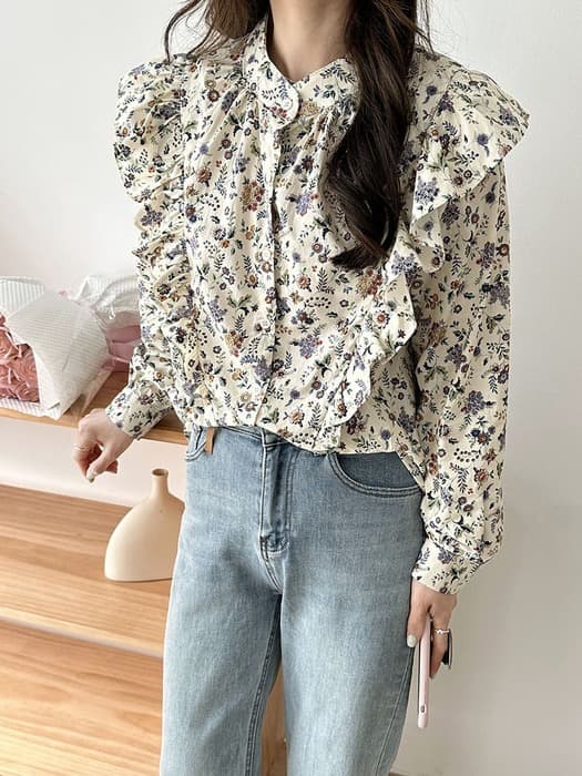 骨格ウェーブ服花柄ブラウストップス