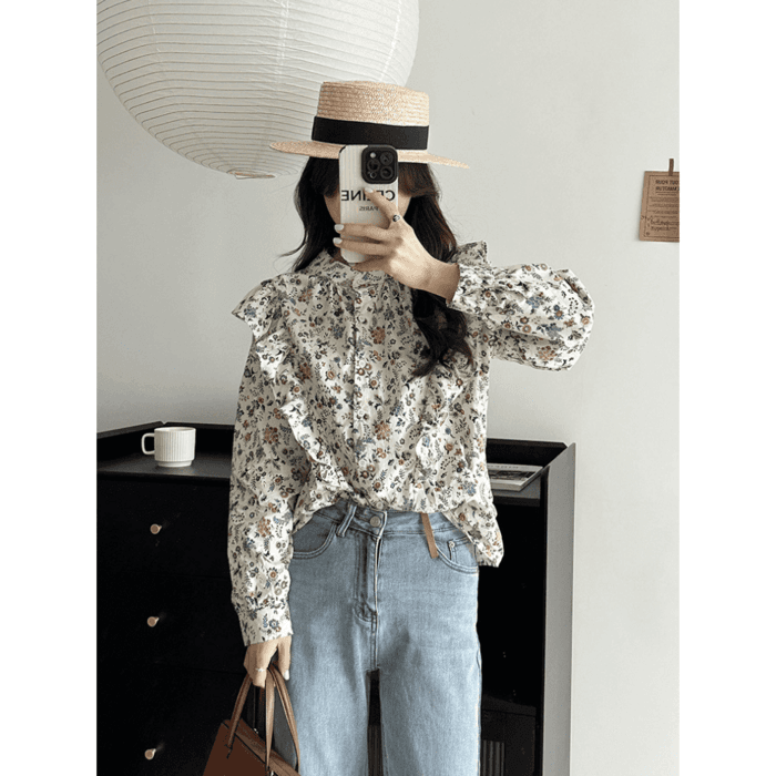 骨格ウェーブ服花柄ブラウストップス