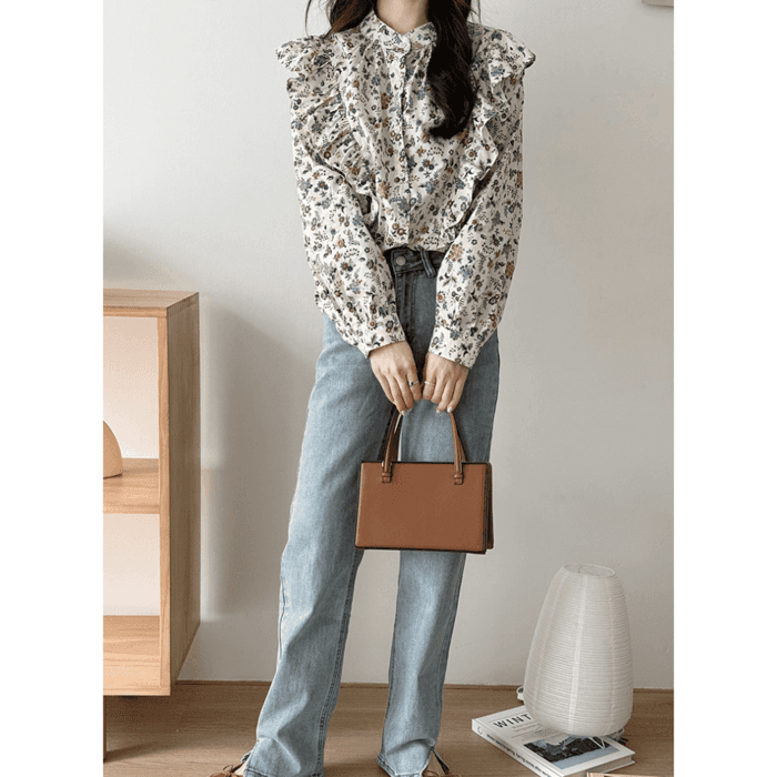 骨格ウェーブ服花柄ブラウストップス