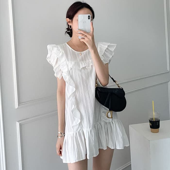 骨格ウェーブ服フリルミニ丈ワンピース