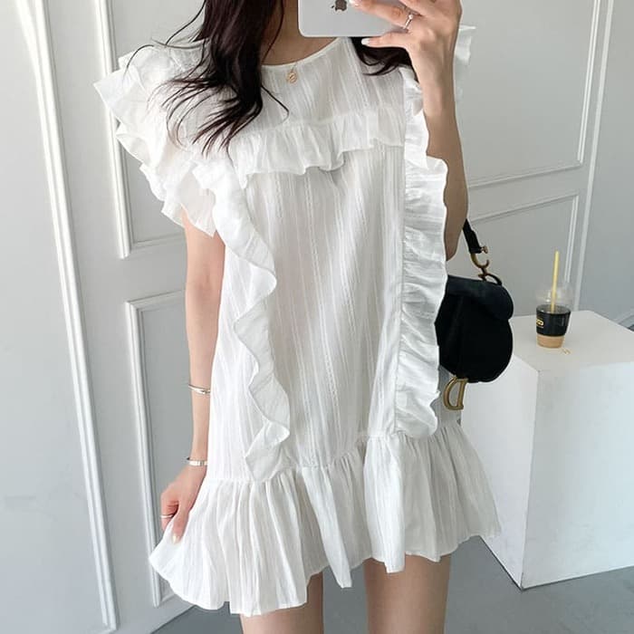 骨格ウェーブ服フリルミニ丈ワンピース