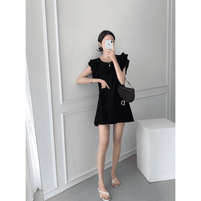骨格ウェーブ服フリルミニ丈ワンピース