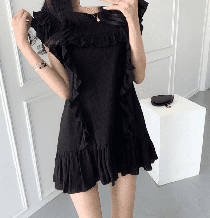 骨格ウェーブ服フリルミニ丈ワンピース