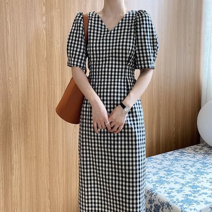 骨格ウェーブ服ギンガムチェックウエストタックワンピース