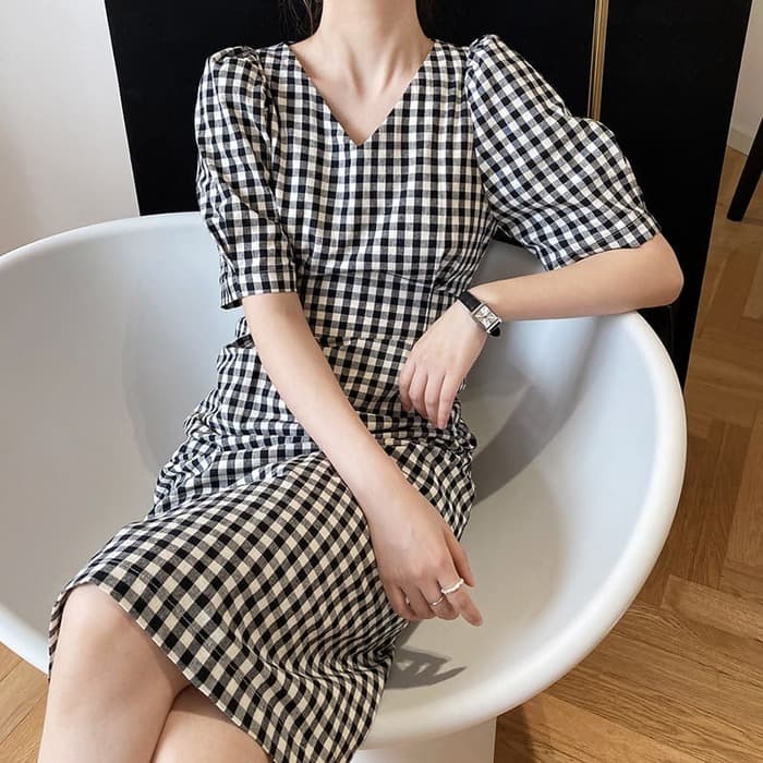 骨格ウェーブ服ギンガムチェックウエストタックワンピース