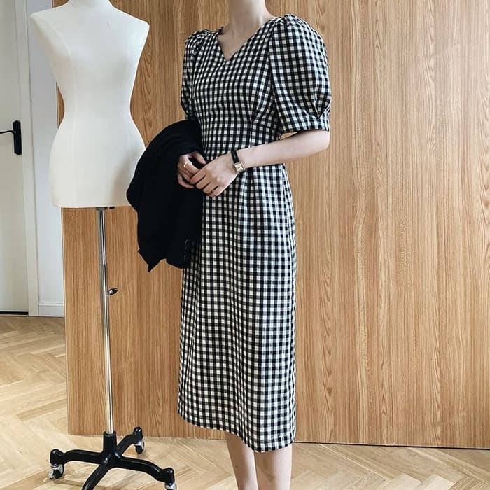 骨格ウェーブ服ギンガムチェックウエストタックワンピース