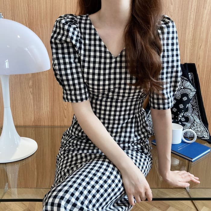 骨格ウェーブ服ギンガムチェックウエストタックワンピース
