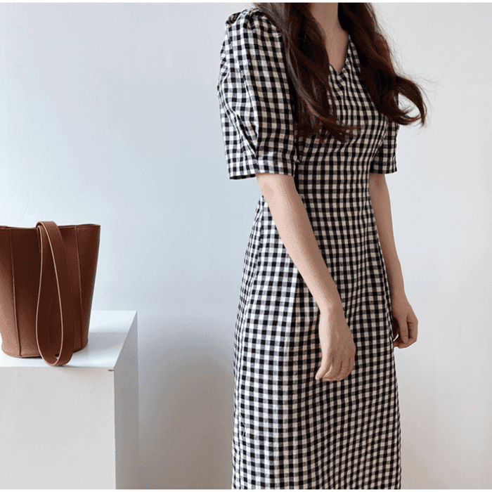 骨格ウェーブ服ギンガムチェックウエストタックワンピース