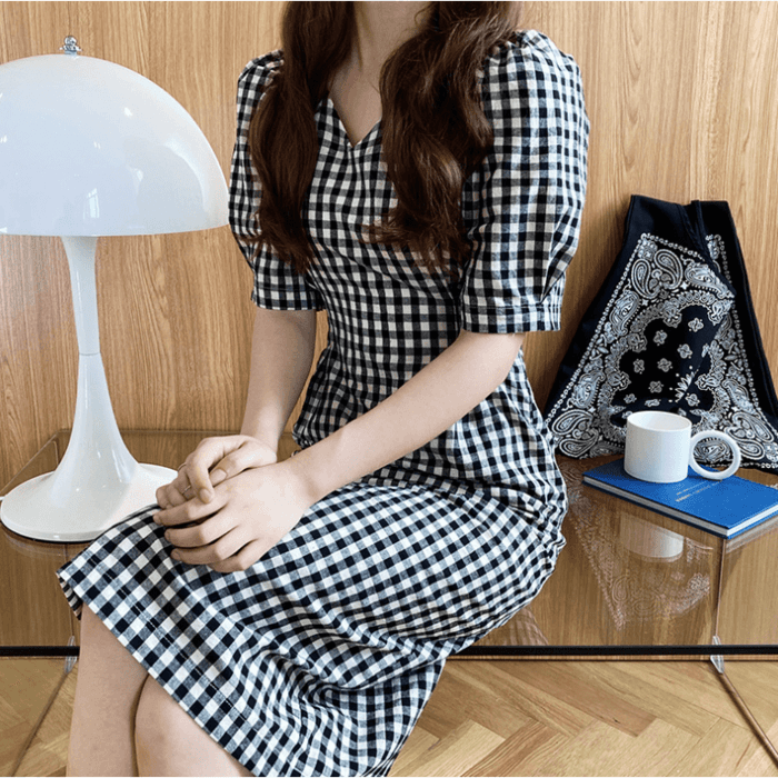 骨格ウェーブ服ギンガムチェックウエストタックワンピース