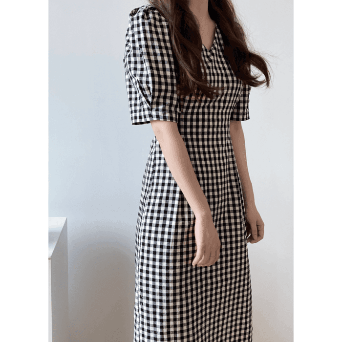 骨格ウェーブ服ギンガムチェックウエストタックワンピース