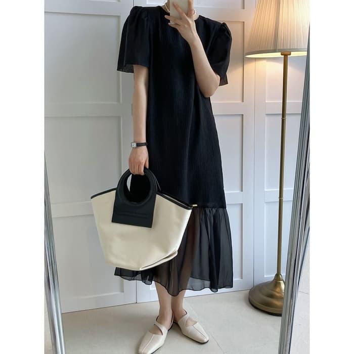 骨格ウェーブ服切替シアーロングワンピース