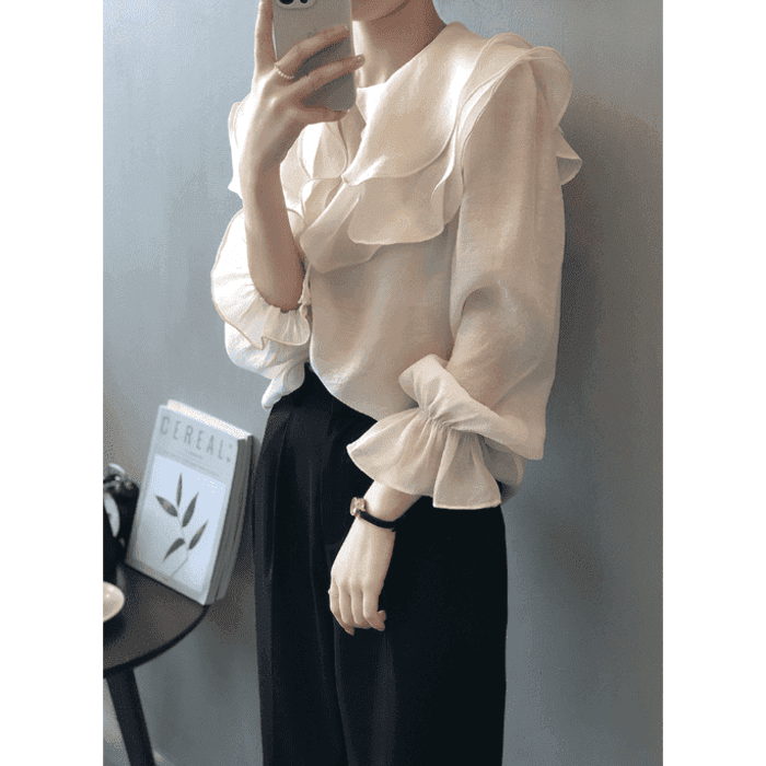 骨格ウェーブ服フリルネックブラウストップス