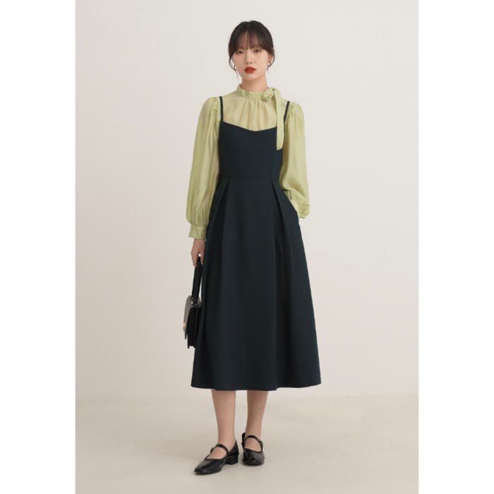 骨格ウェーブ服ウエストマークフレアキャミワンピース