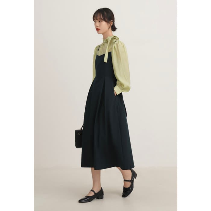 骨格ウェーブ服ウエストマークフレアキャミワンピース