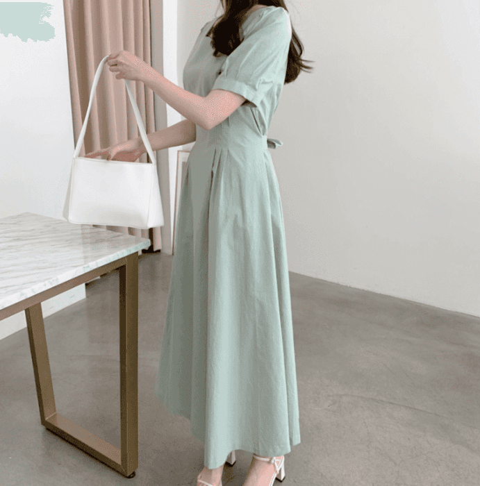 骨格ウェーブ服夏 スクエアネックロングワンピース
