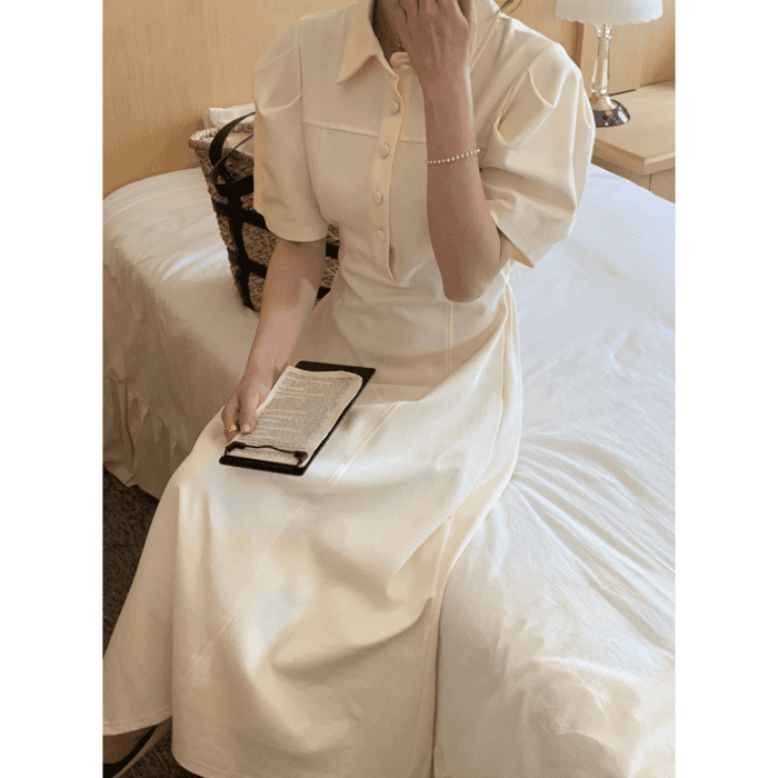骨格ウェーブ服 夏パフスリーブロングワンピース