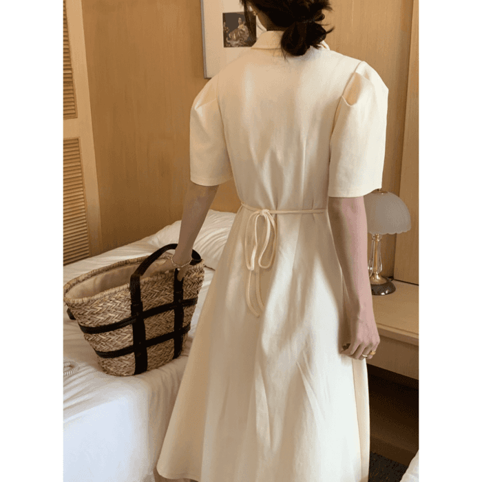 骨格ウェーブ服 夏パフスリーブロングワンピース
