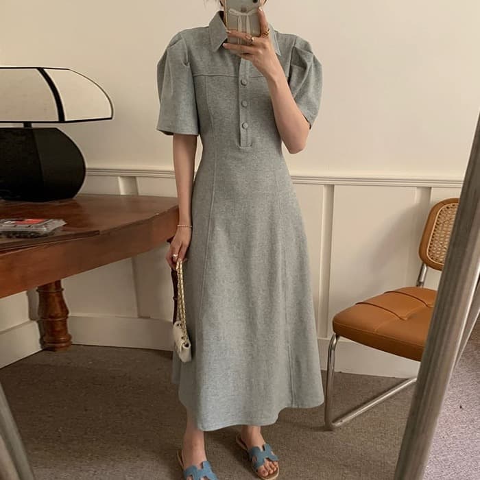 骨格ウェーブ服 夏パフスリーブロングワンピース