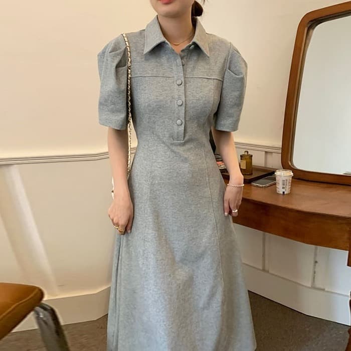 骨格ウェーブ服 夏パフスリーブロングワンピース