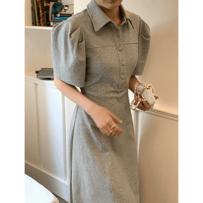 骨格ウェーブ服 夏パフスリーブロングワンピース