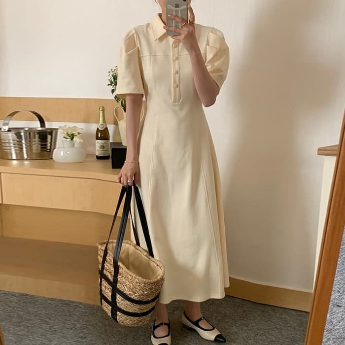 骨格ウェーブ服 夏パフスリーブロングワンピース