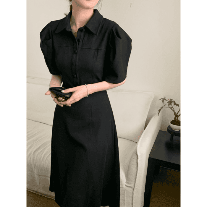 骨格ウェーブ服 夏パフスリーブロングワンピース
