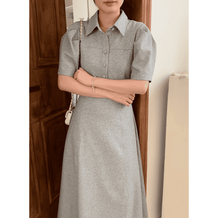 骨格ウェーブ服 夏パフスリーブロングワンピース
