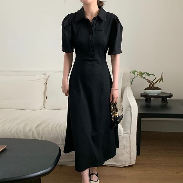 骨格ウェーブ服 夏パフスリーブロングワンピース