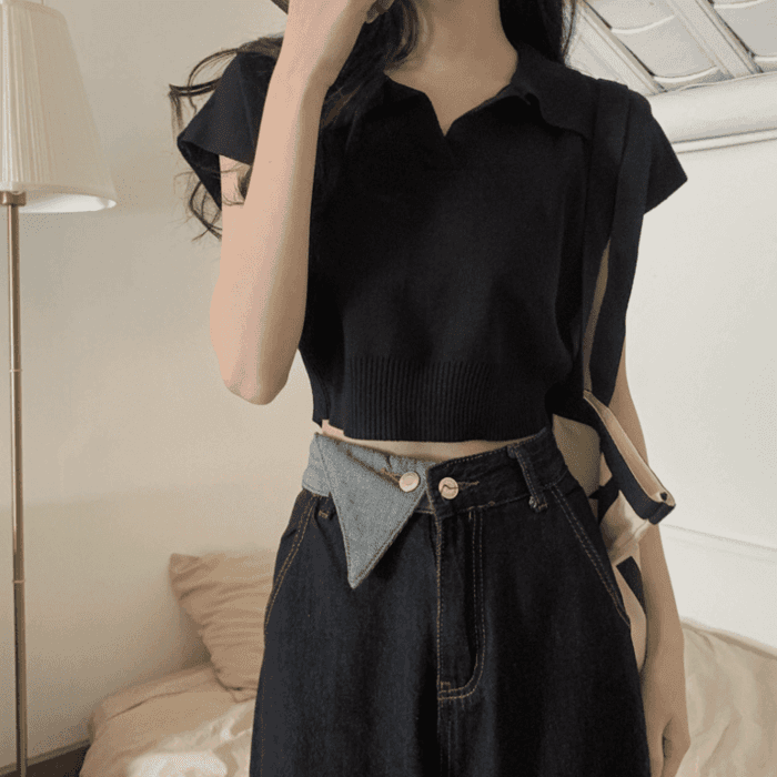 骨格ウェーブ服ショート丈Vネックニットトップス