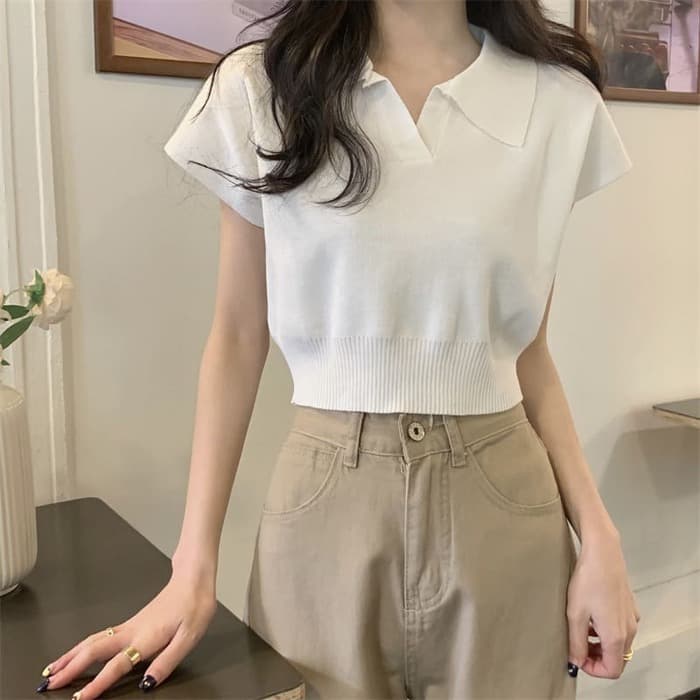 骨格ウェーブ服ショート丈Vネックニットトップス