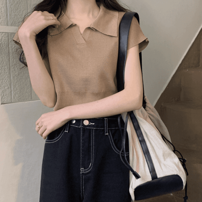 骨格ウェーブ服ショート丈Vネックニットトップス