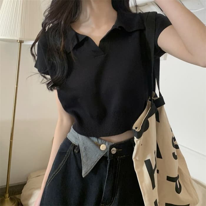 骨格ウェーブ服ショート丈Vネックニットトップス